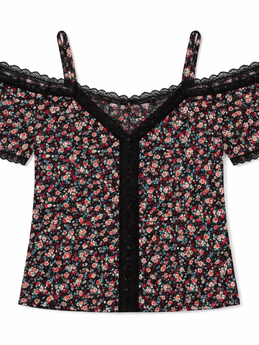 Floral Off Shoulder Top Boho Cottagecore Lace Trim Black Blouse Size M - Picture 3 of 4
